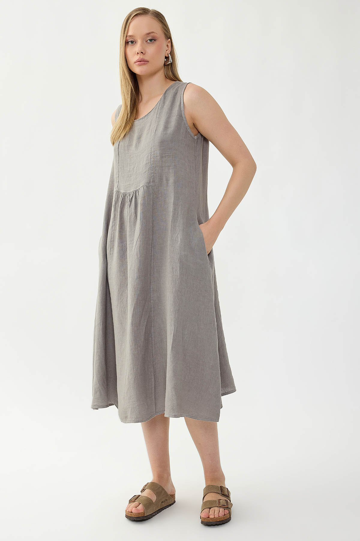 %100 Keten Sıfır Kol Cepli Elbise - Thumbnail