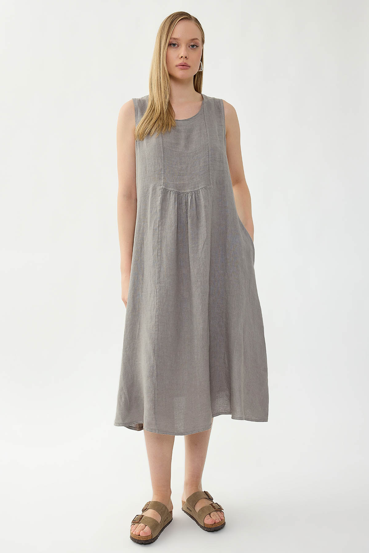 %100 Keten Sıfır Kol Cepli Elbise - Thumbnail