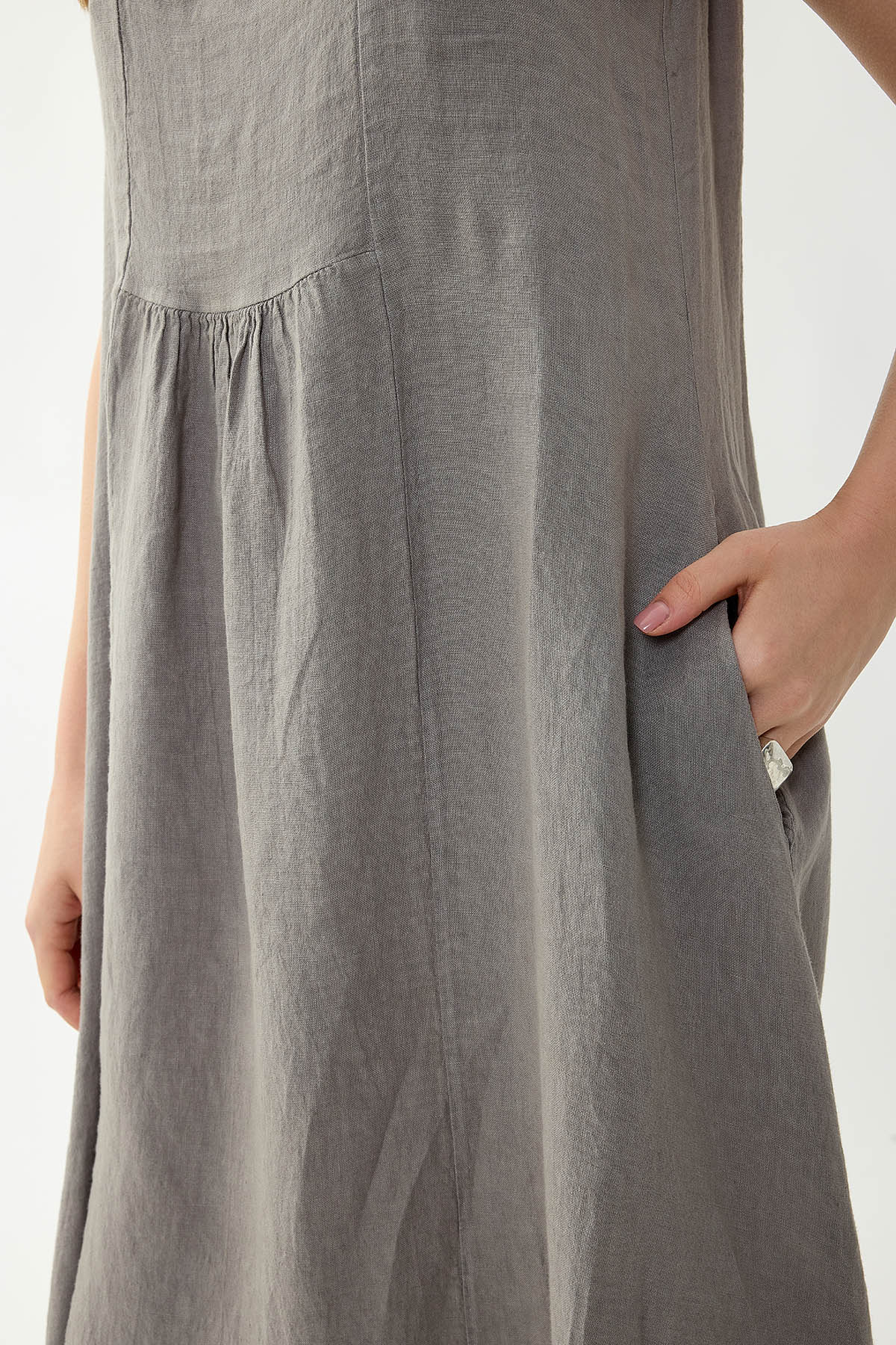 %100 Keten Sıfır Kol Cepli Elbise - Thumbnail