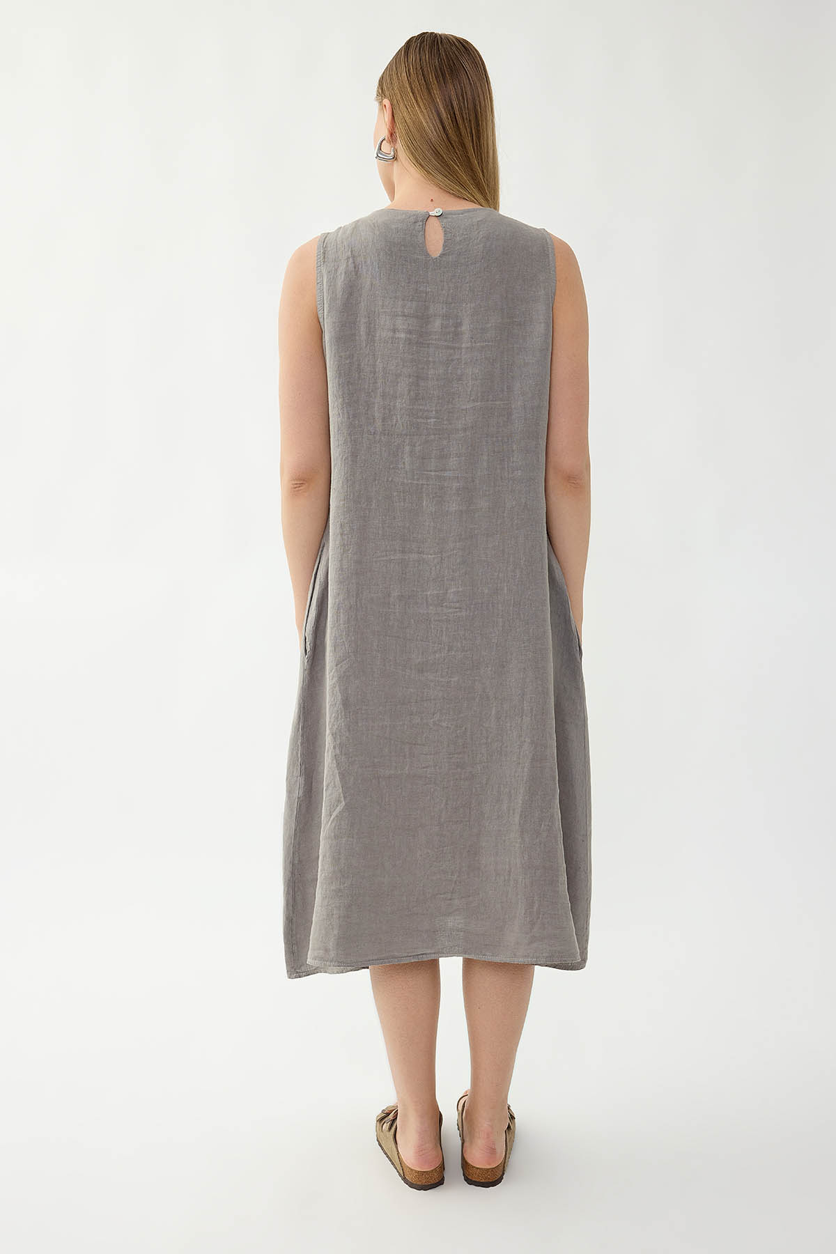 %100 Keten Sıfır Kol Cepli Elbise - Thumbnail