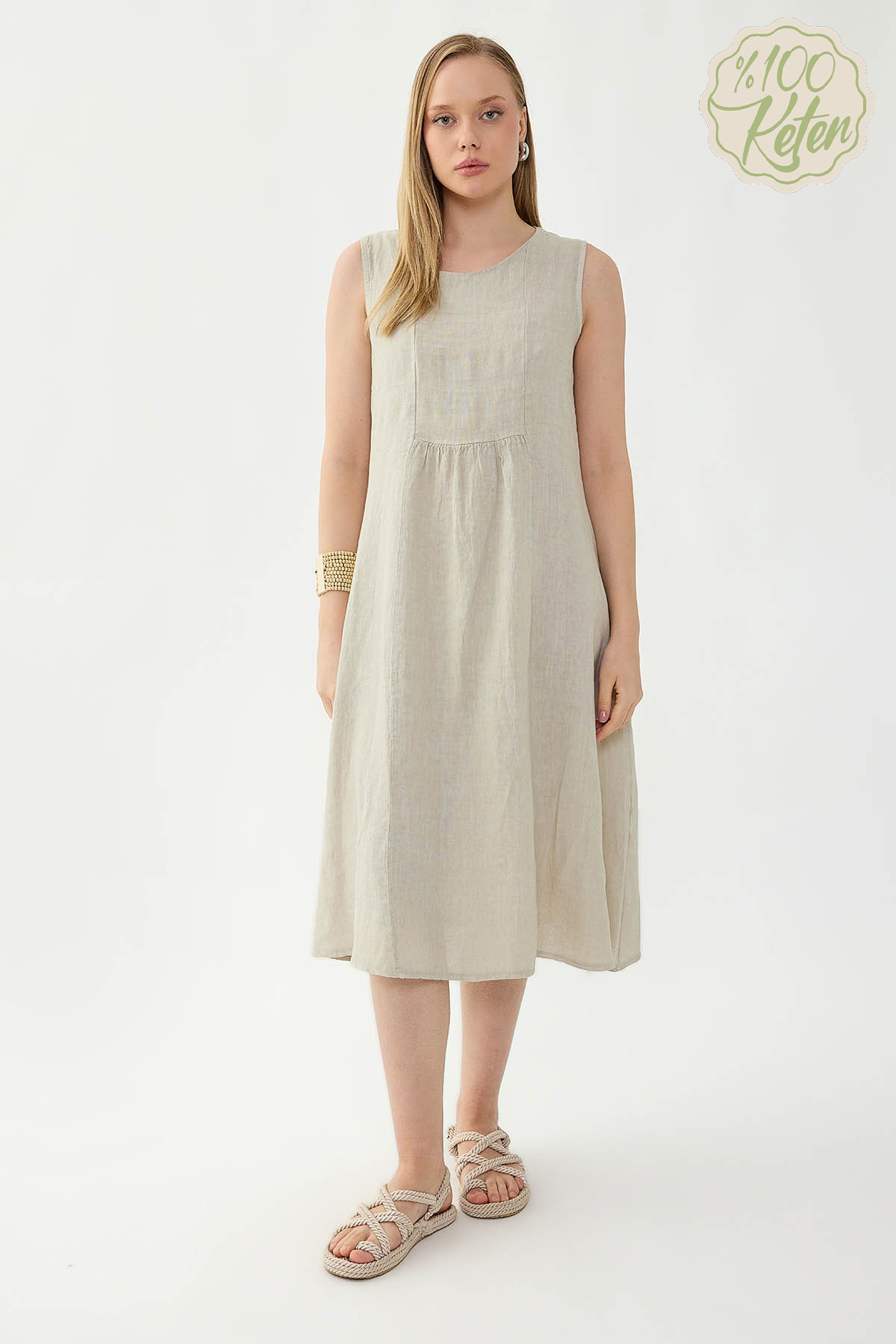 VİTRİN - %100 Keten Sıfır Kol Cepli Elbise
