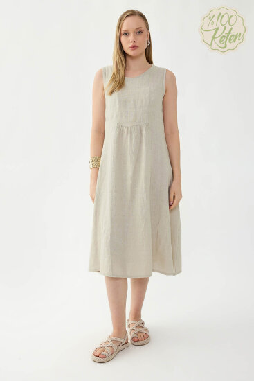 %100 Keten Sıfır Kol Cepli Elbise - 1