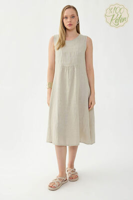 %100 Keten Sıfır Kol Cepli Elbise