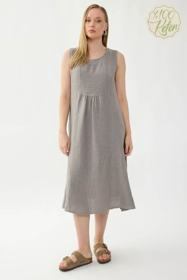 %100 Keten Sıfır Kol Cepli Elbise - 17