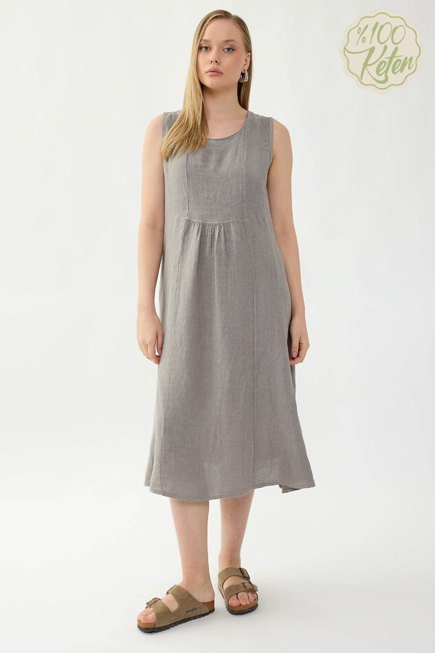 %100 Keten Sıfır Kol Cepli Elbise - 17