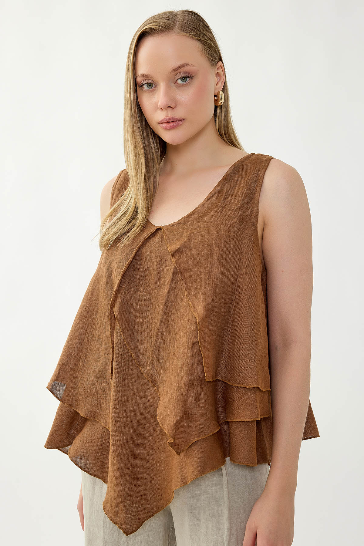 %100 Keten Sıfır Kol Dökümlü Bluz - Thumbnail