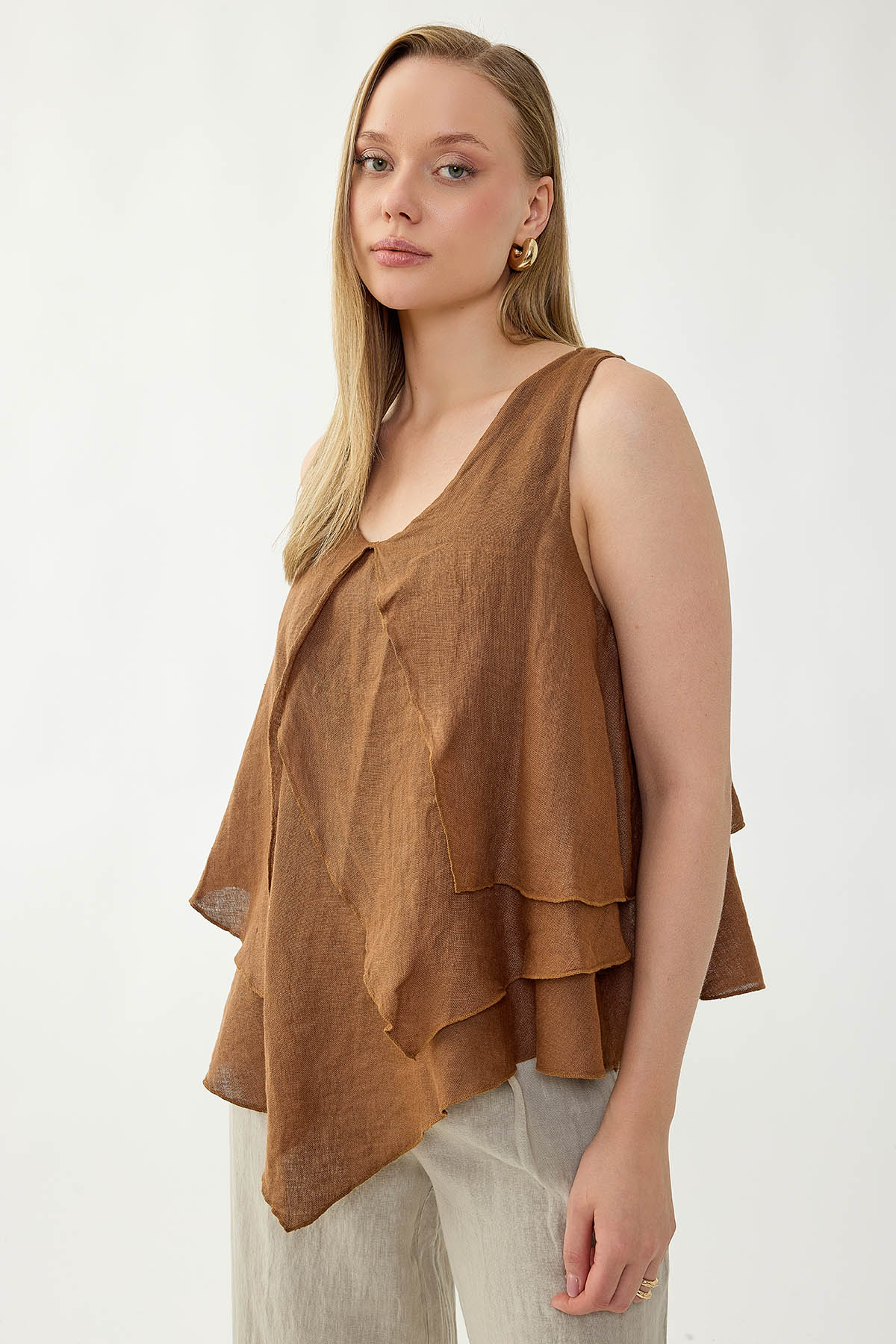 %100 Keten Sıfır Kol Dökümlü Bluz - Thumbnail