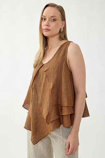 %100 Keten Sıfır Kol Dökümlü Bluz - 9