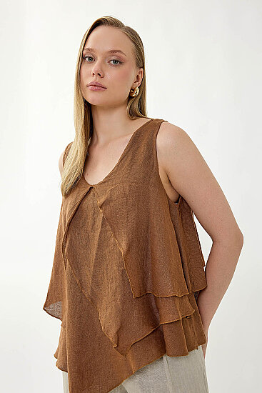 %100 Keten Sıfır Kol Dökümlü Bluz - 10