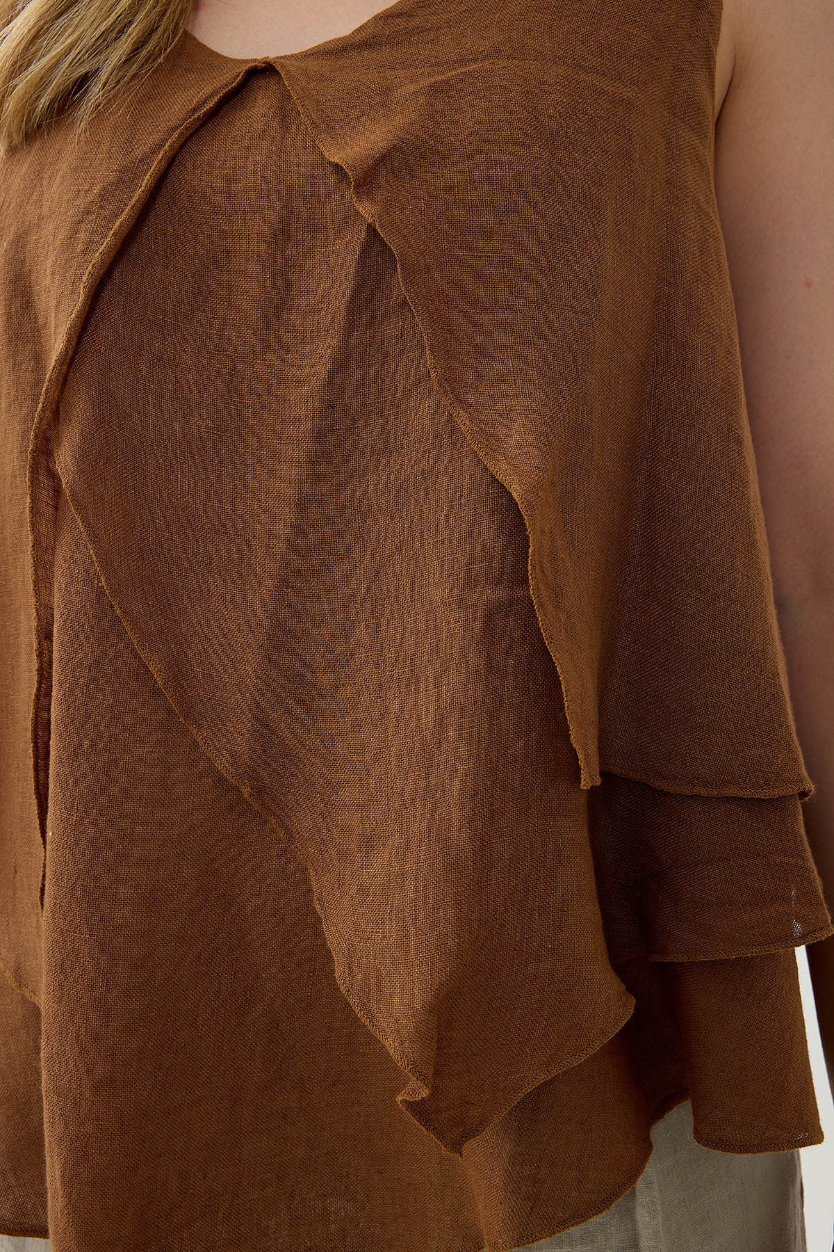 %100 Keten Sıfır Kol Dökümlü Bluz - Thumbnail