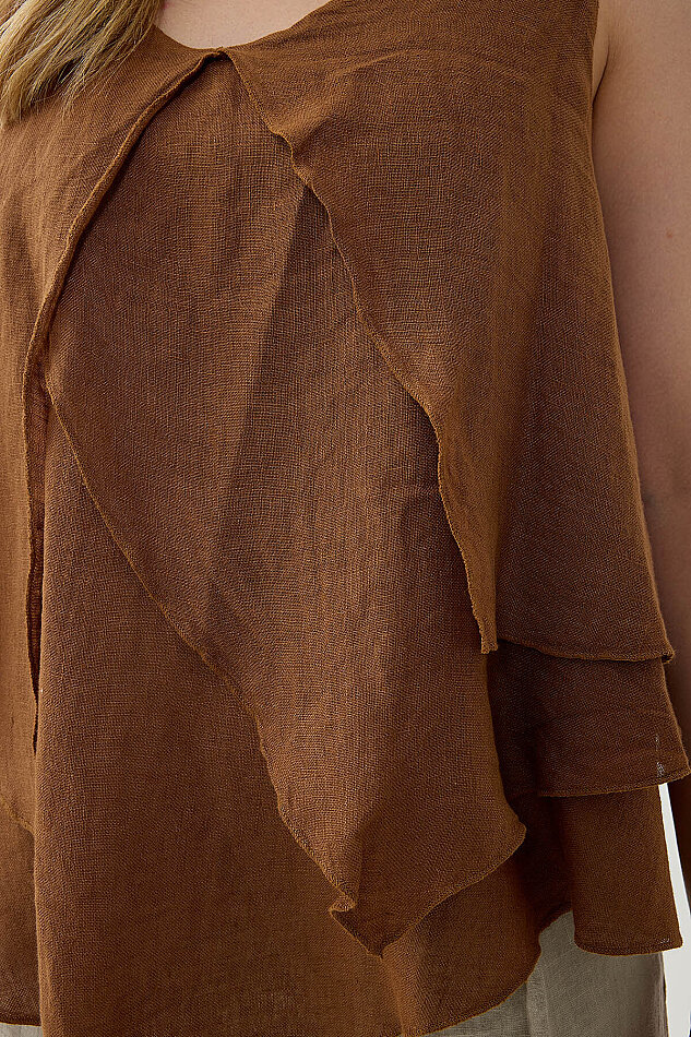 %100 Keten Sıfır Kol Dökümlü Bluz - 12