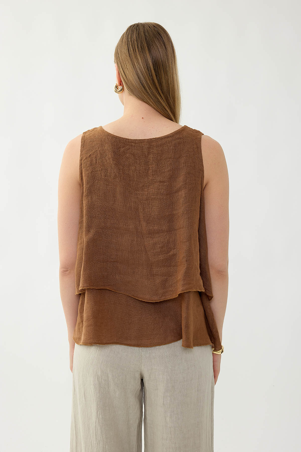 %100 Keten Sıfır Kol Dökümlü Bluz - Thumbnail