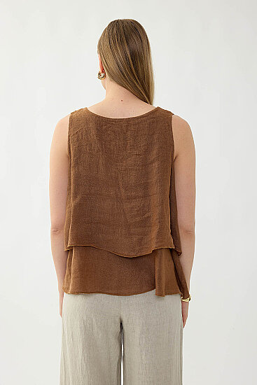 %100 Keten Sıfır Kol Dökümlü Bluz - 11