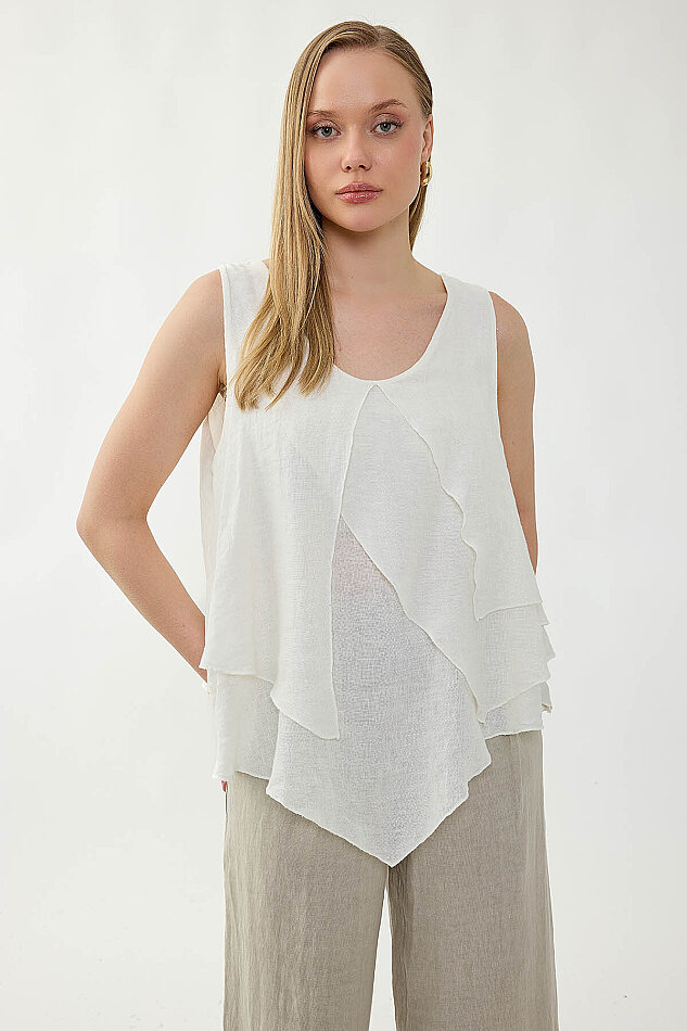 %100 Keten Sıfır Kol Dökümlü Bluz - 15