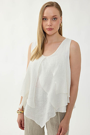 %100 Keten Sıfır Kol Dökümlü Bluz - 16