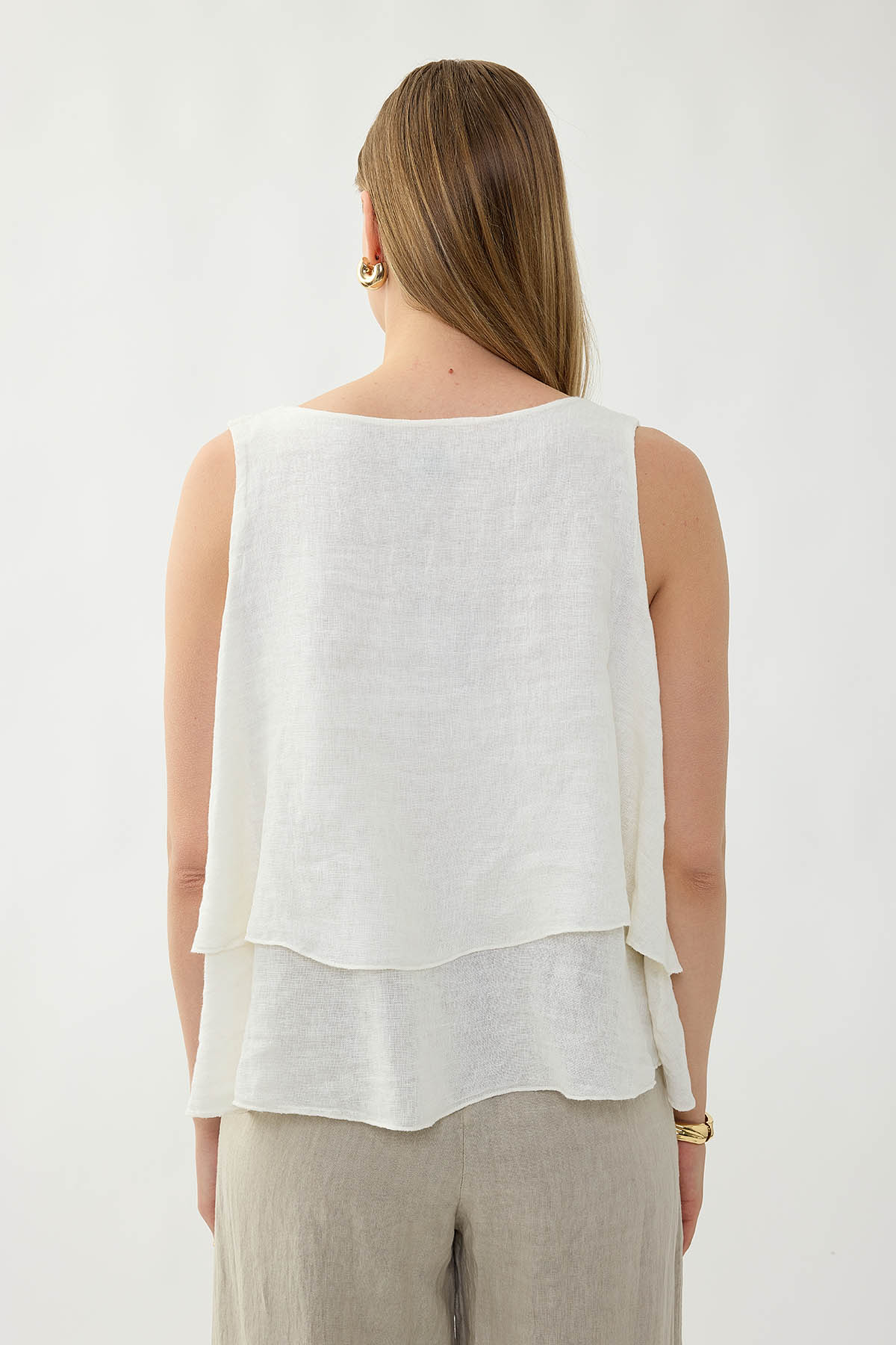 %100 Keten Sıfır Kol Dökümlü Bluz - Thumbnail