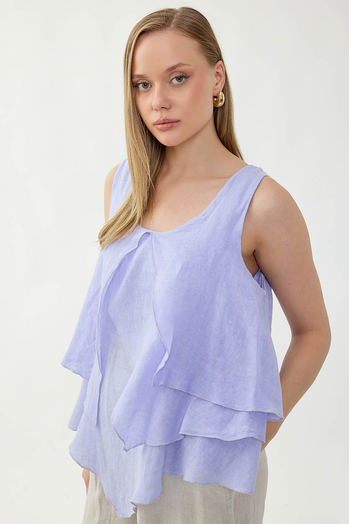 %100 Keten Sıfır Kol Dökümlü Bluz - Thumbnail