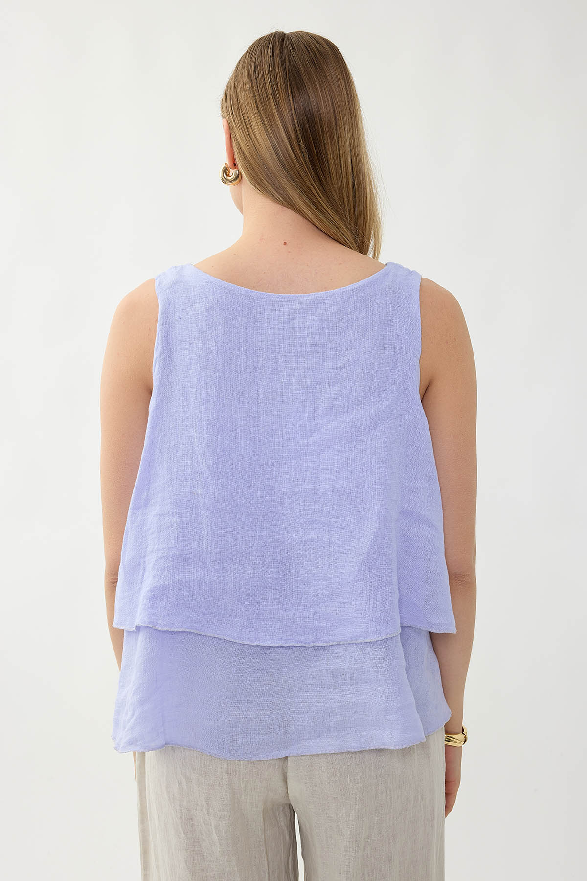 %100 Keten Sıfır Kol Dökümlü Bluz - Thumbnail