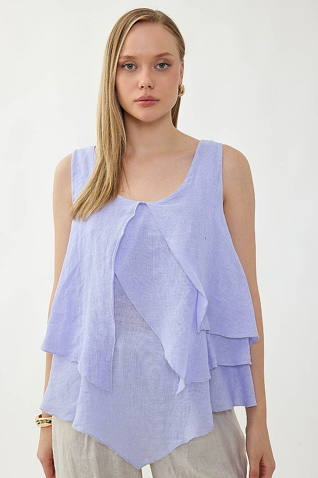 %100 Keten Sıfır Kol Dökümlü Bluz - 6