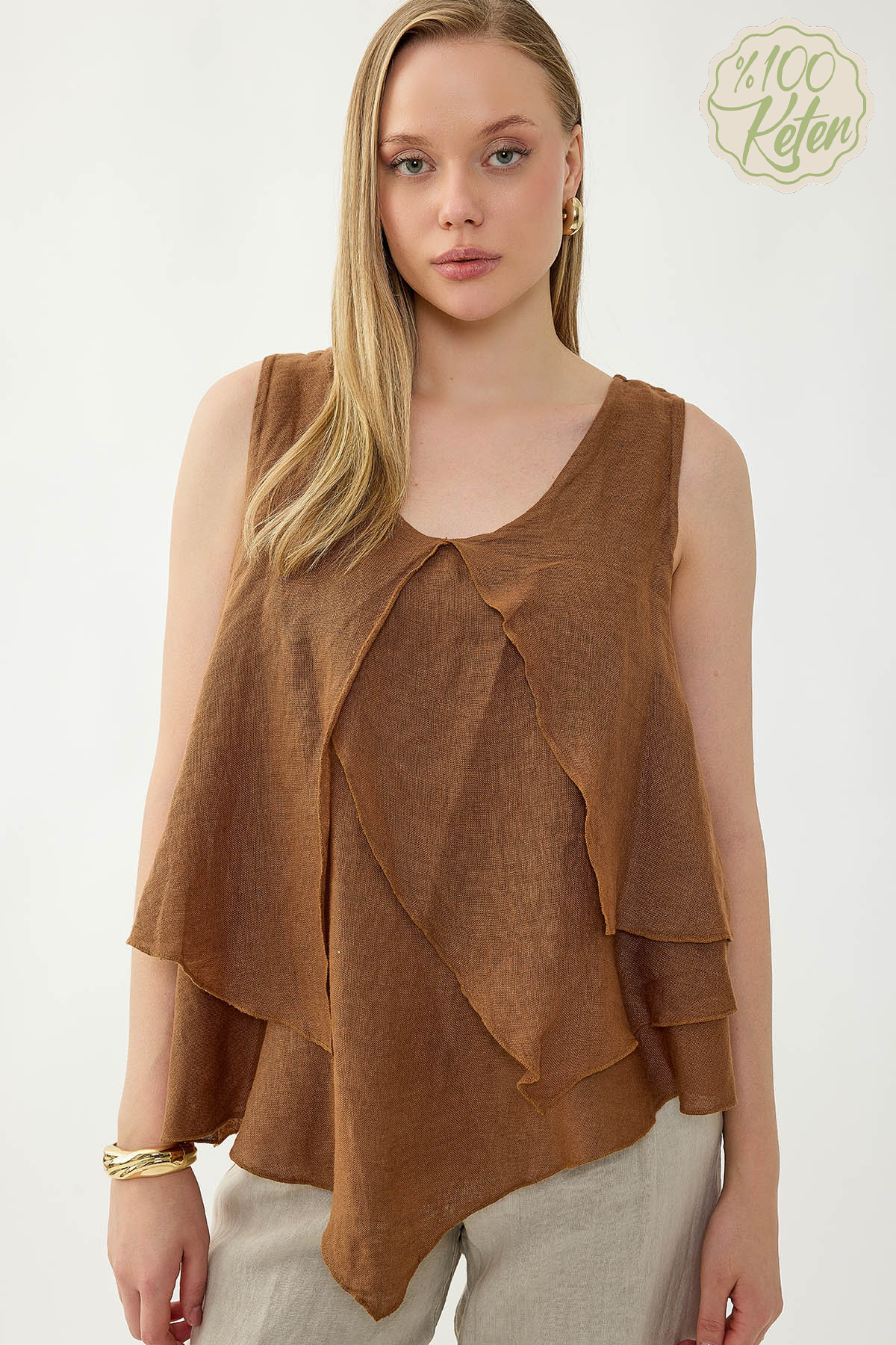 %100 Keten Sıfır Kol Dökümlü Bluz - Thumbnail