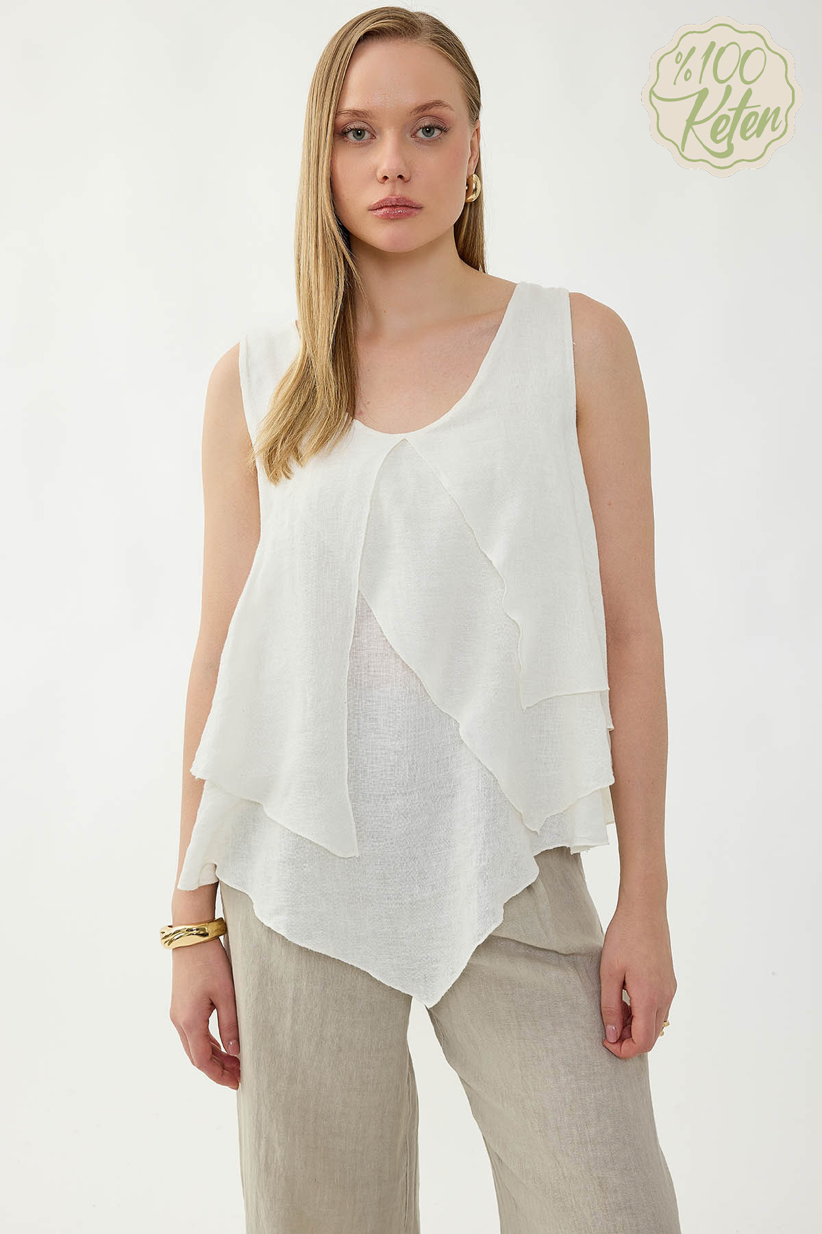 %100 Keten Sıfır Kol Dökümlü Bluz - Thumbnail