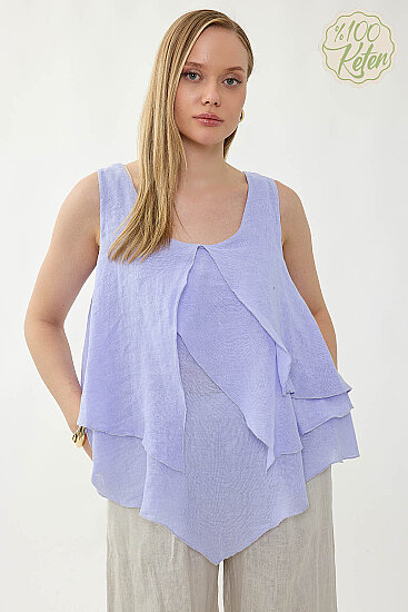 %100 Keten Sıfır Kol Dökümlü Bluz - 1