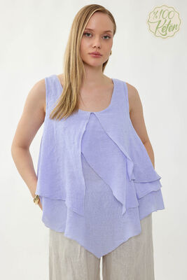 %100 Keten Sıfır Kol Dökümlü Bluz