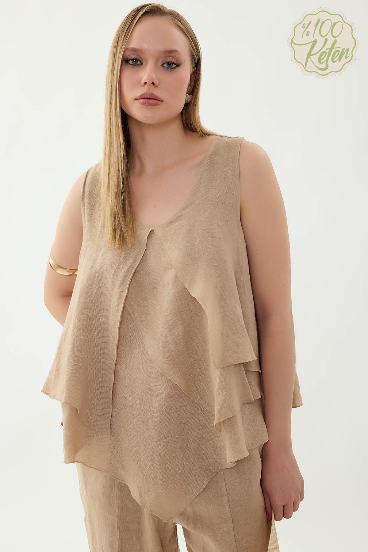 %100 Keten Sıfır Kol Dökümlü Bluz - Thumbnail