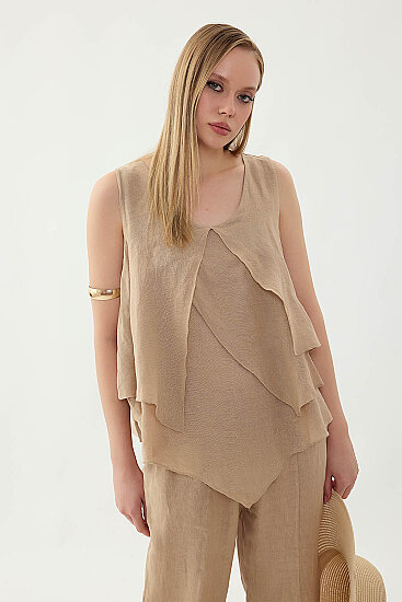 %100 Keten Sıfır Kol Dökümlü Bluz - 20