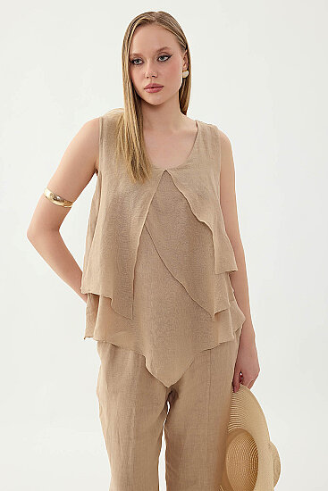 %100 Keten Sıfır Kol Dökümlü Bluz - 21