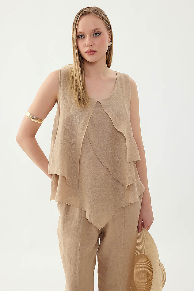 %100 Keten Sıfır Kol Dökümlü Bluz - 21