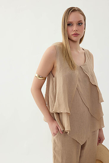 %100 Keten Sıfır Kol Dökümlü Bluz - 22