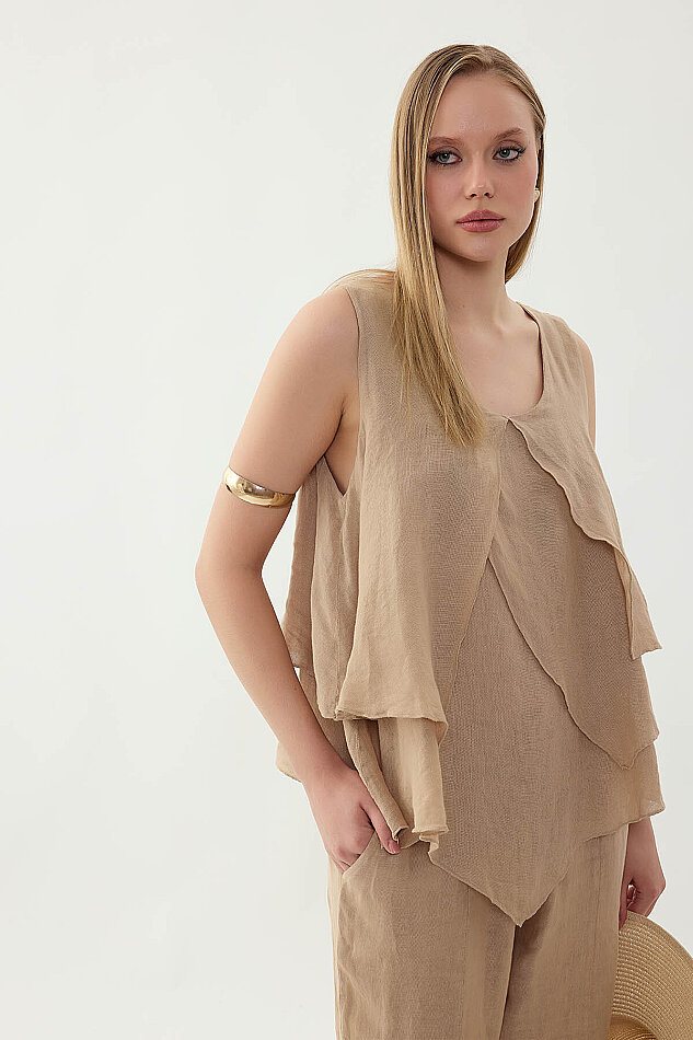 %100 Keten Sıfır Kol Dökümlü Bluz - 22