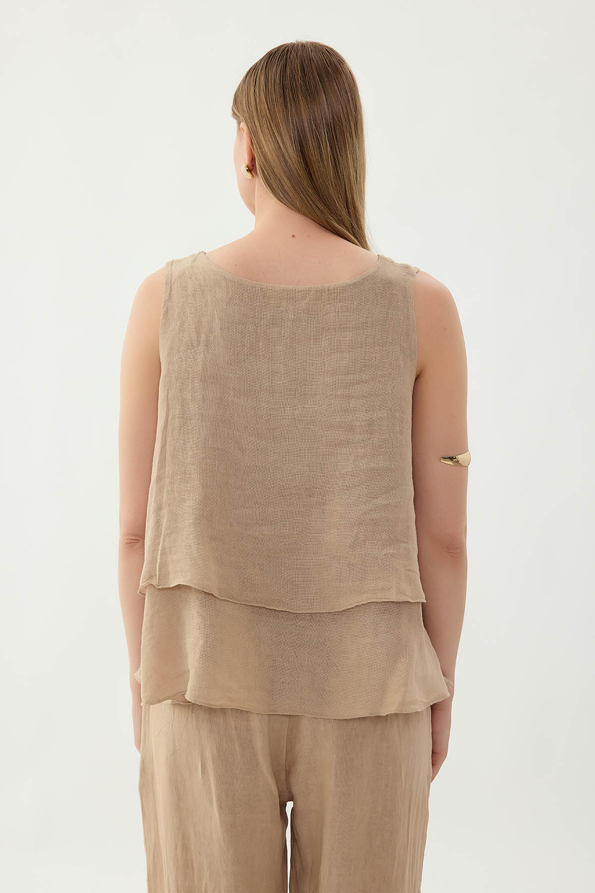 %100 Keten Sıfır Kol Dökümlü Bluz - Thumbnail