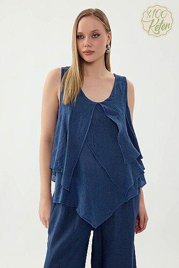 %100 Keten Sıfır Kol Dökümlü Bluz - 25