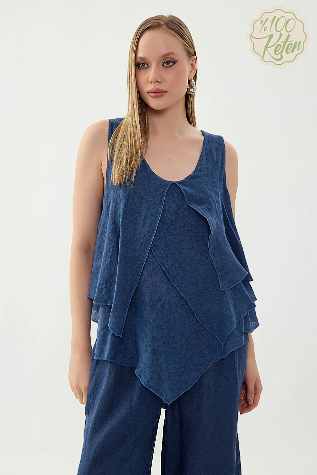 %100 Keten Sıfır Kol Dökümlü Bluz - 25