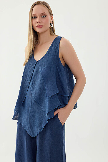 %100 Keten Sıfır Kol Dökümlü Bluz - 26