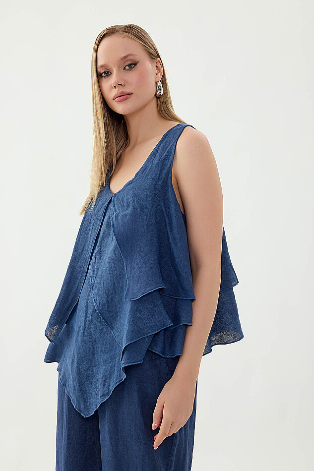 %100 Keten Sıfır Kol Dökümlü Bluz - 27