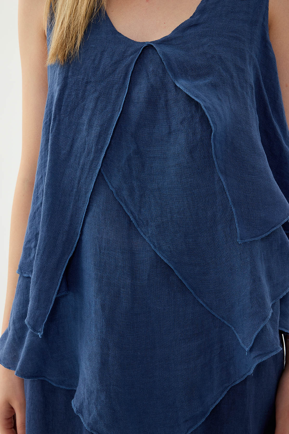 %100 Keten Sıfır Kol Dökümlü Bluz - Thumbnail