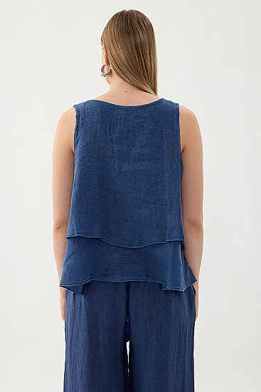 %100 Keten Sıfır Kol Dökümlü Bluz - 29