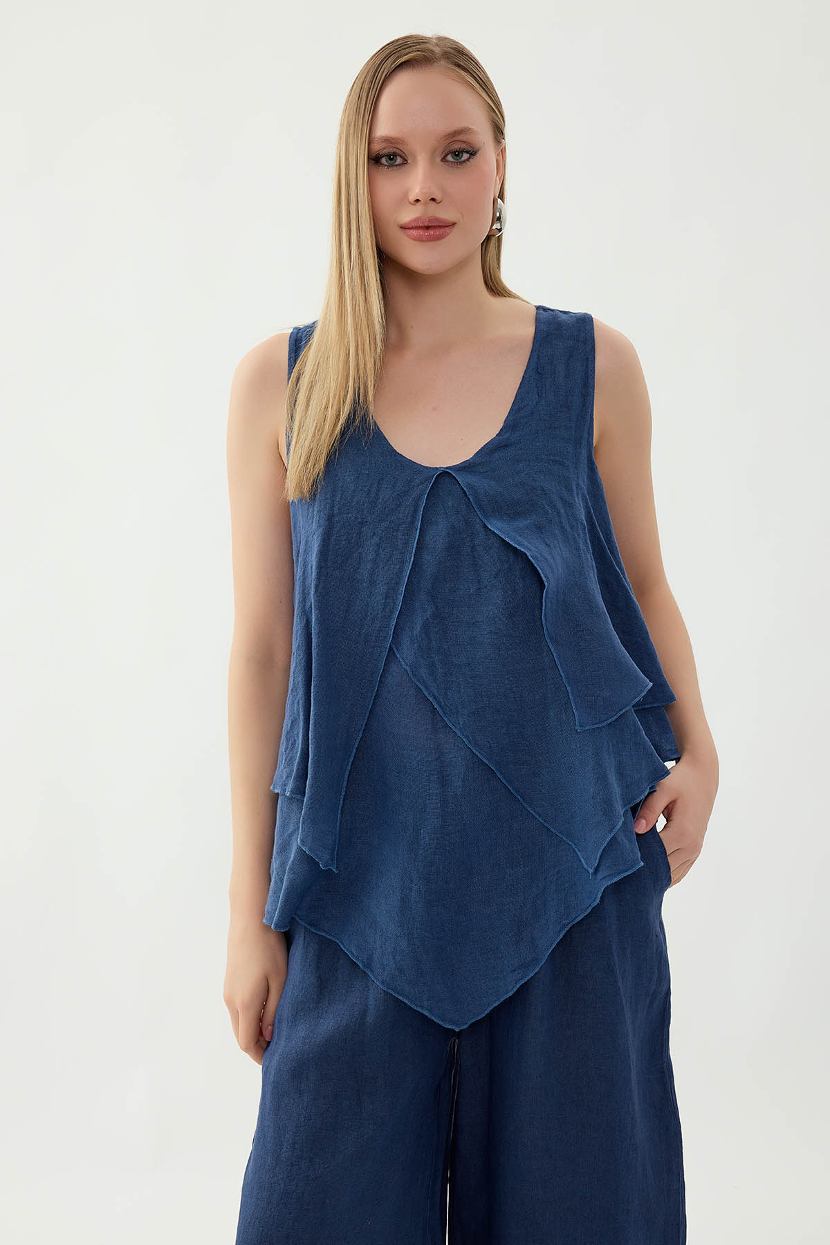 %100 Keten Sıfır Kol Dökümlü Bluz - Thumbnail