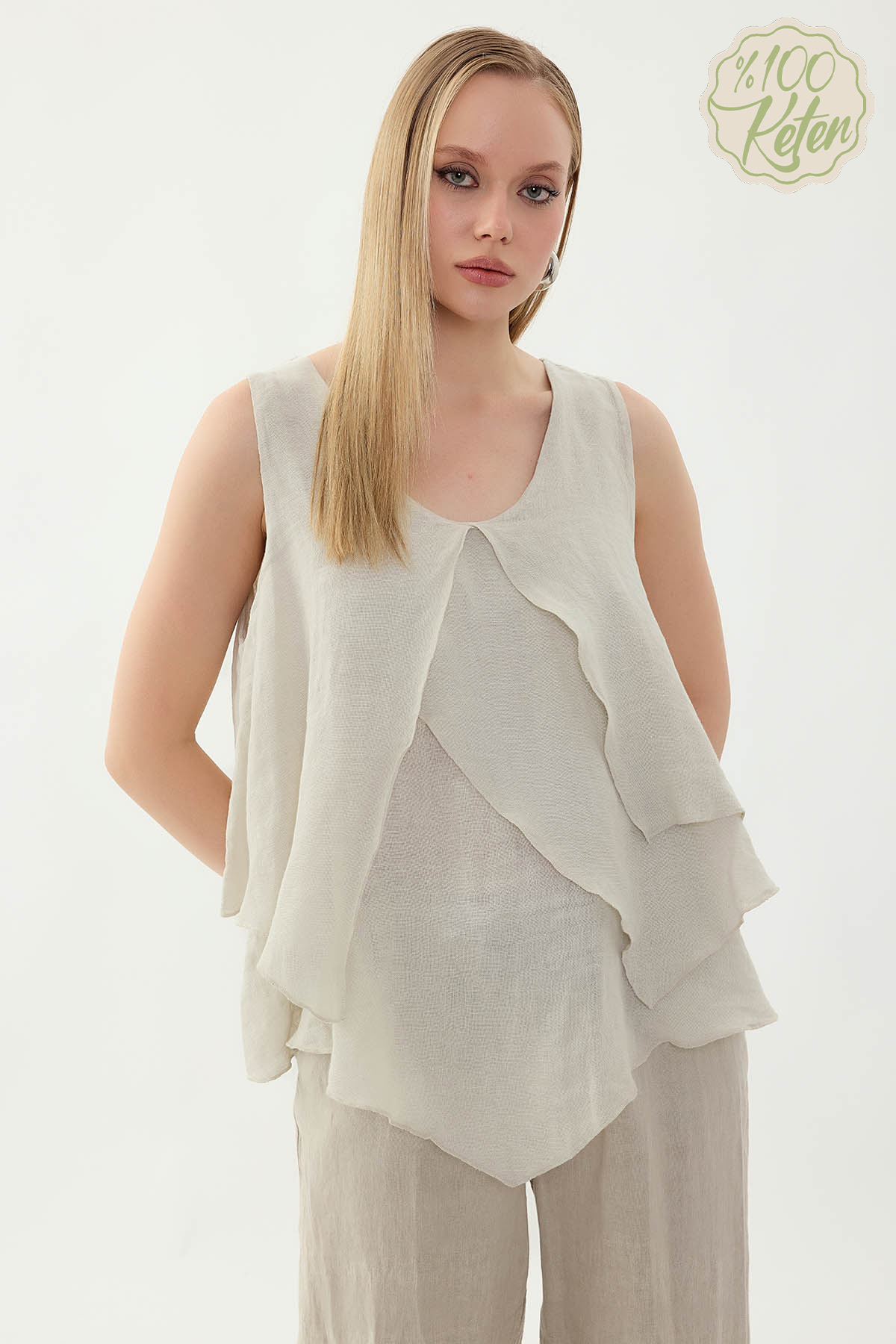 %100 Keten Sıfır Kol Dökümlü Bluz - Thumbnail