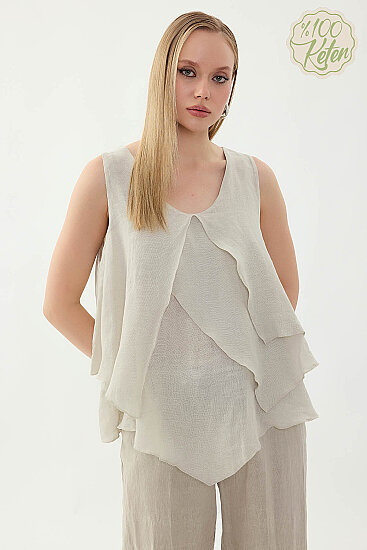 %100 Keten Sıfır Kol Dökümlü Bluz - 31
