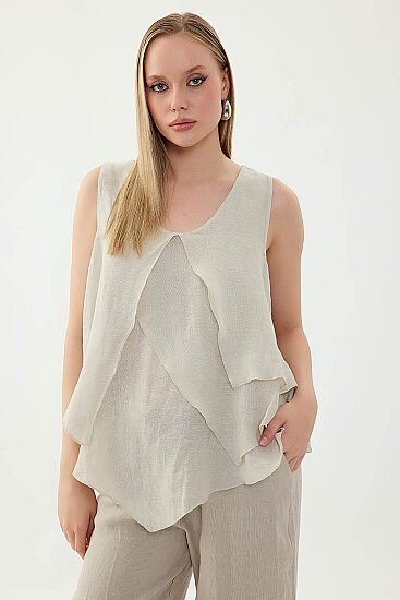 %100 Keten Sıfır Kol Dökümlü Bluz - 32