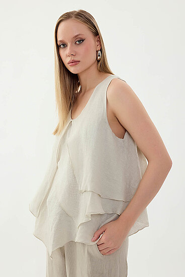 %100 Keten Sıfır Kol Dökümlü Bluz - 33