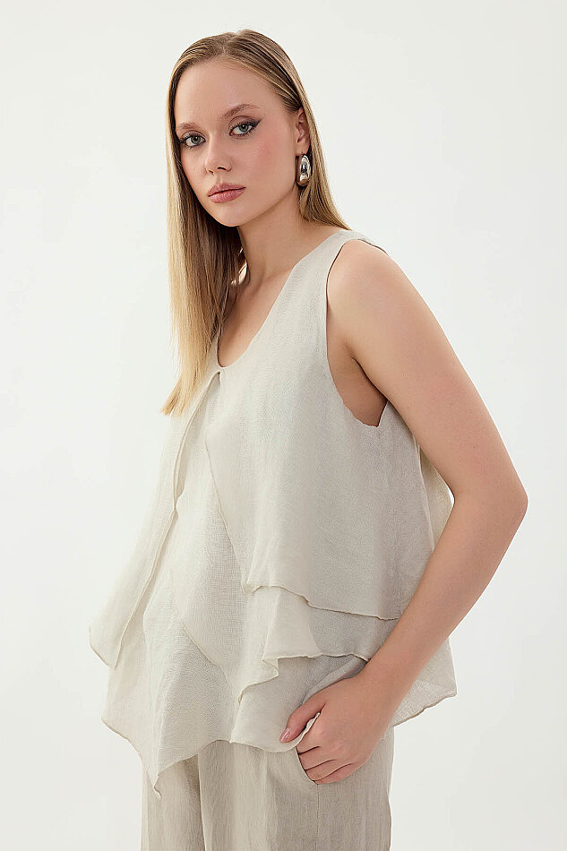 %100 Keten Sıfır Kol Dökümlü Bluz - 33