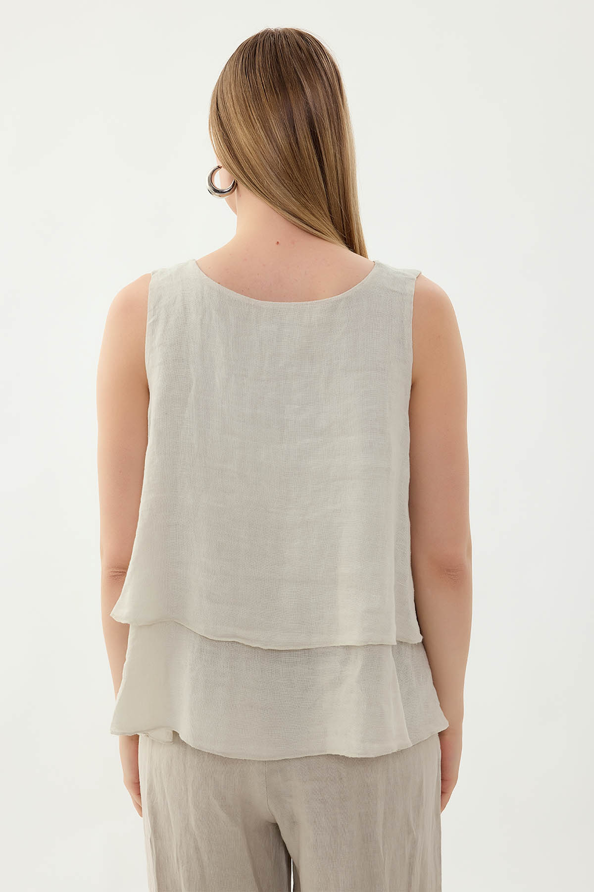 %100 Keten Sıfır Kol Dökümlü Bluz - Thumbnail