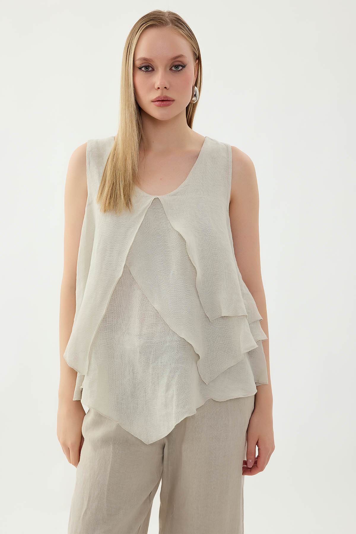 %100 Keten Sıfır Kol Dökümlü Bluz - Thumbnail