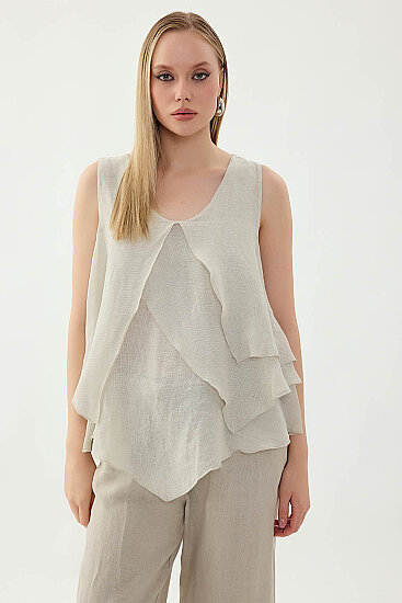 %100 Keten Sıfır Kol Dökümlü Bluz - 36