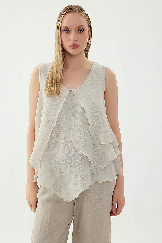 %100 Keten Sıfır Kol Dökümlü Bluz - 36